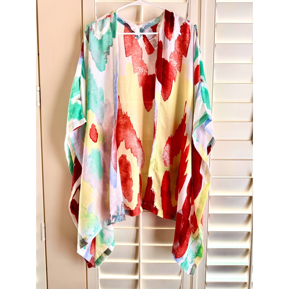 Chico's Watercolor Abstract Kimono Wrap Red Green Yellow Ikat L/XL Coverup